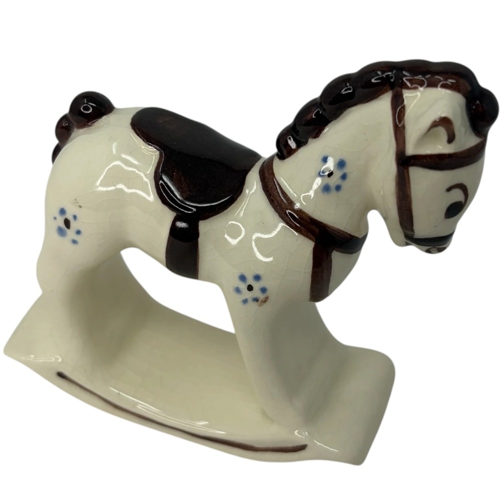 Vintage Ceramic Rocking Horse Figurine White Brown Blue Floral Delft Style